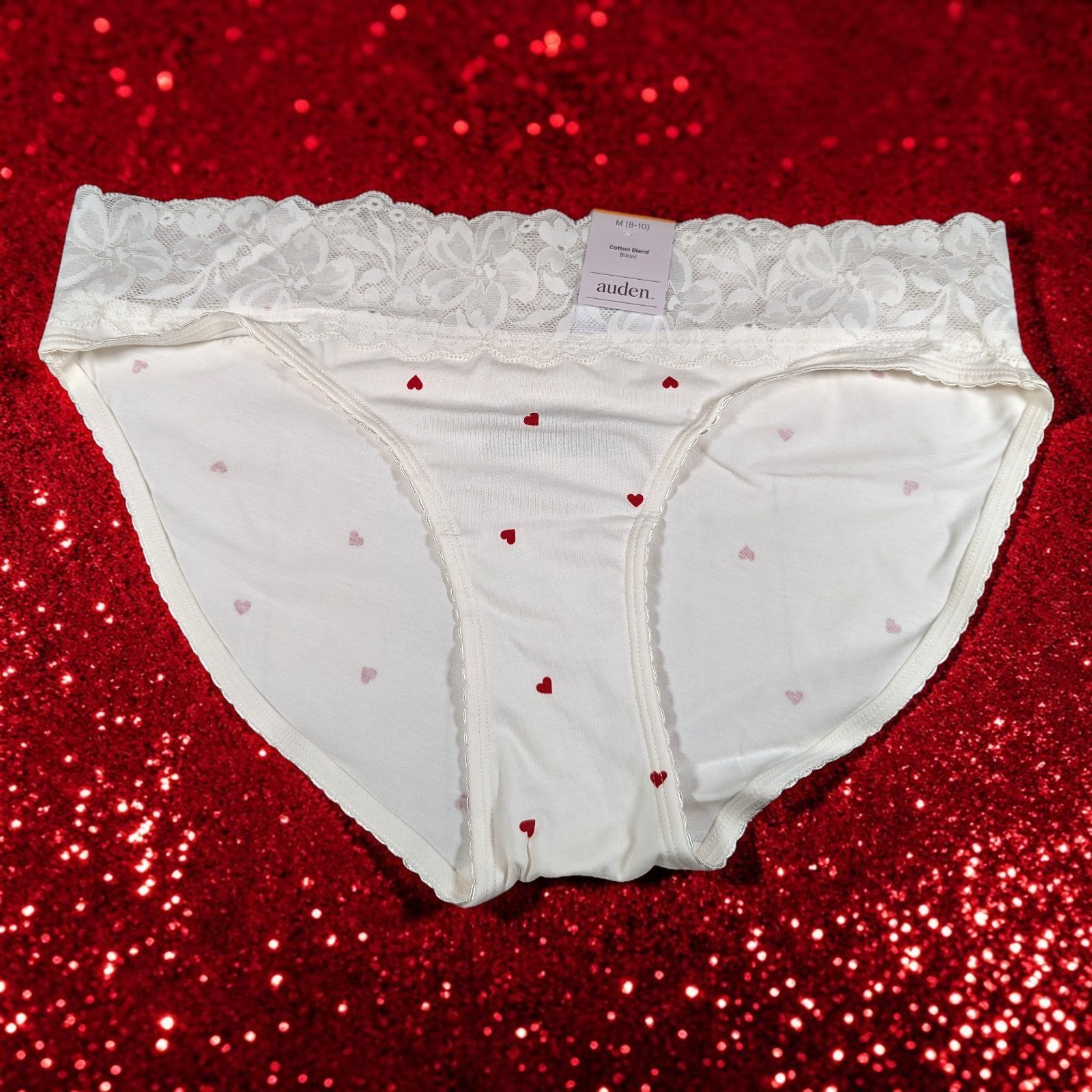 Lot of 3 Auden Ivory Red Hearts Print Lace Trim Bikini Panties Size M (8-10) NWT
