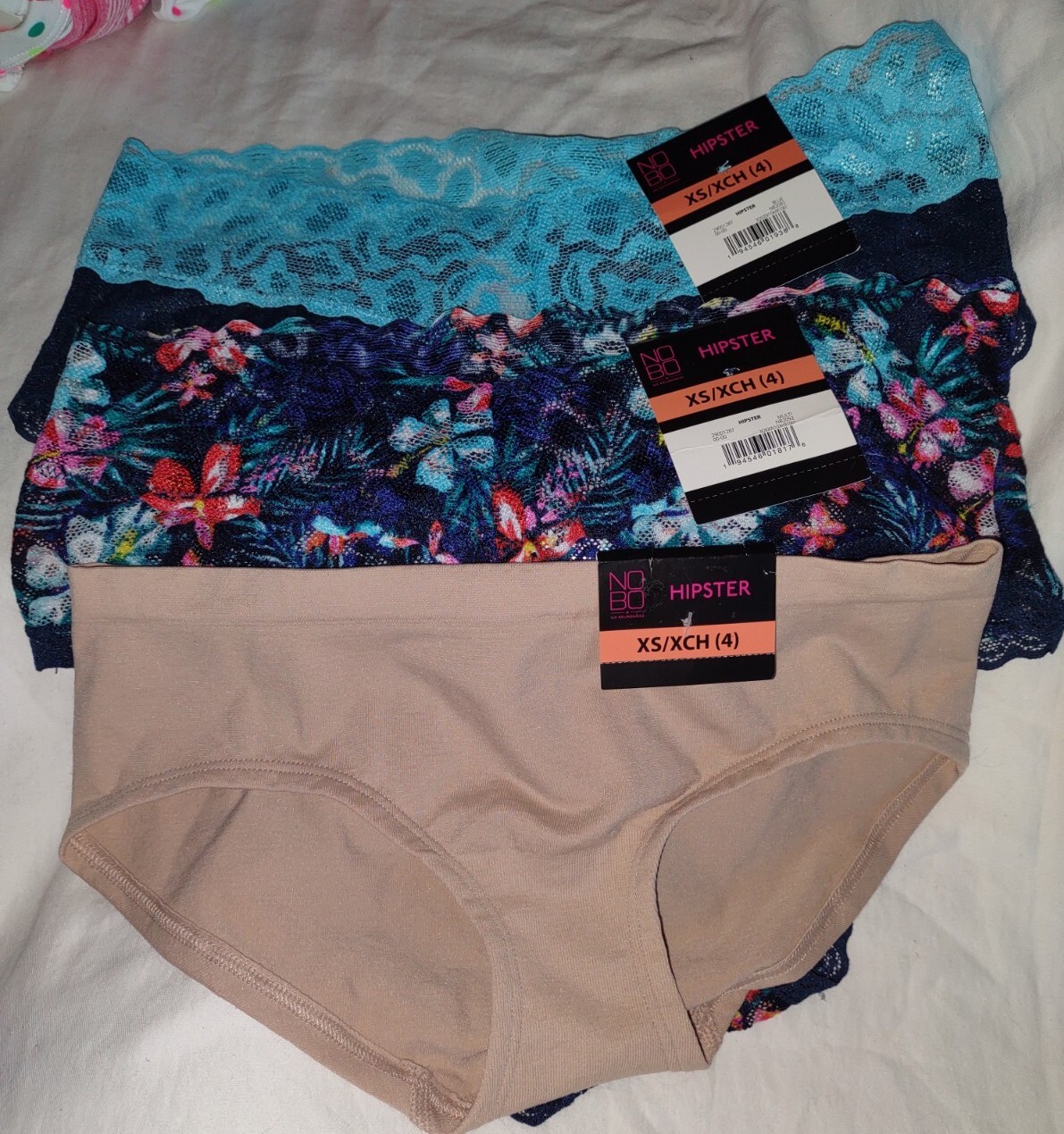 no boundaries Hipster Panties XS/XCH(4) NEW/TAGS Blue & Floral Lace, Solid Tan