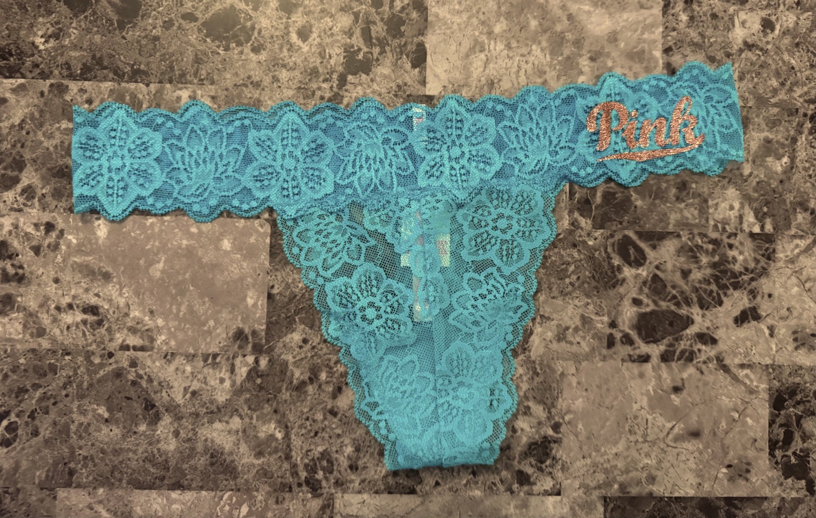 NWT VICTORIA’S SECRET PINK L TEAL FLORAL LACE GLITTER LOGO RARE THONG PANTIES