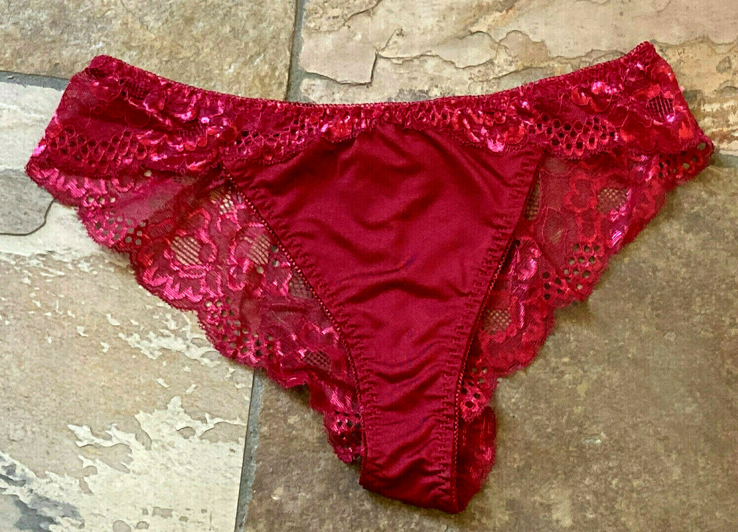 MAROON Medium Shiny SATIN Front Cheeky Tanga Lace Back Bikini Panties NWOT #83