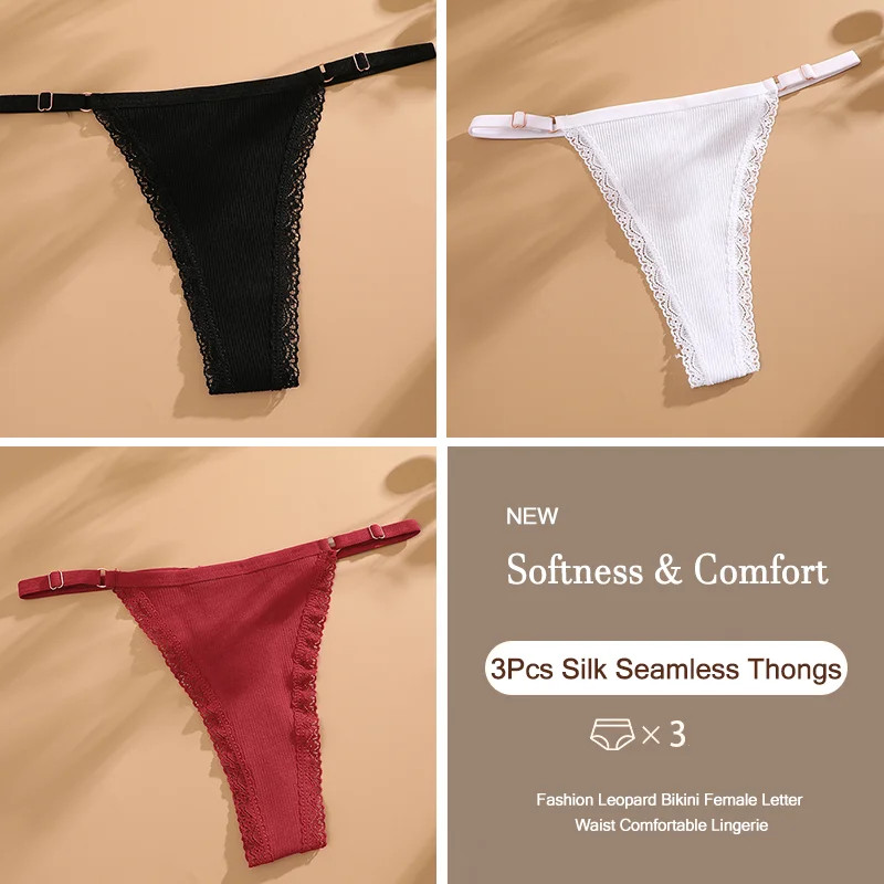 Low Rise Thong Panties Cotton Seamless Stretch Breathable Adjustable Fit 3PCS