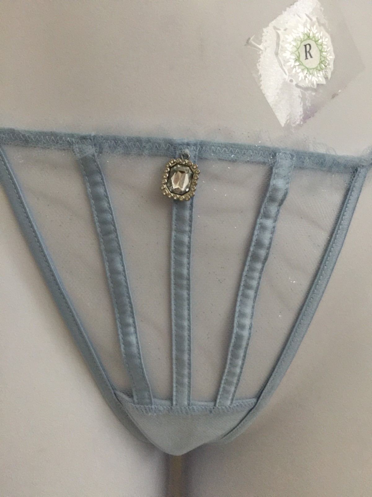 NEW VICTORIA’S SECRET BLUE TULLE GLITTER RHINESTONE JEWEL CHARM THONG XSM,LG