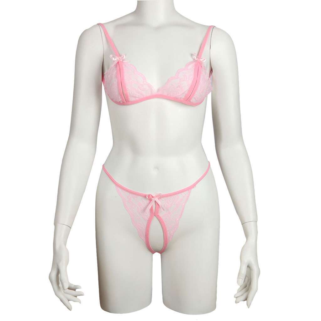 Women Lingerie Underwear Set Open Cup Sheer Lace Bra Open Crotch Pant Babydoll