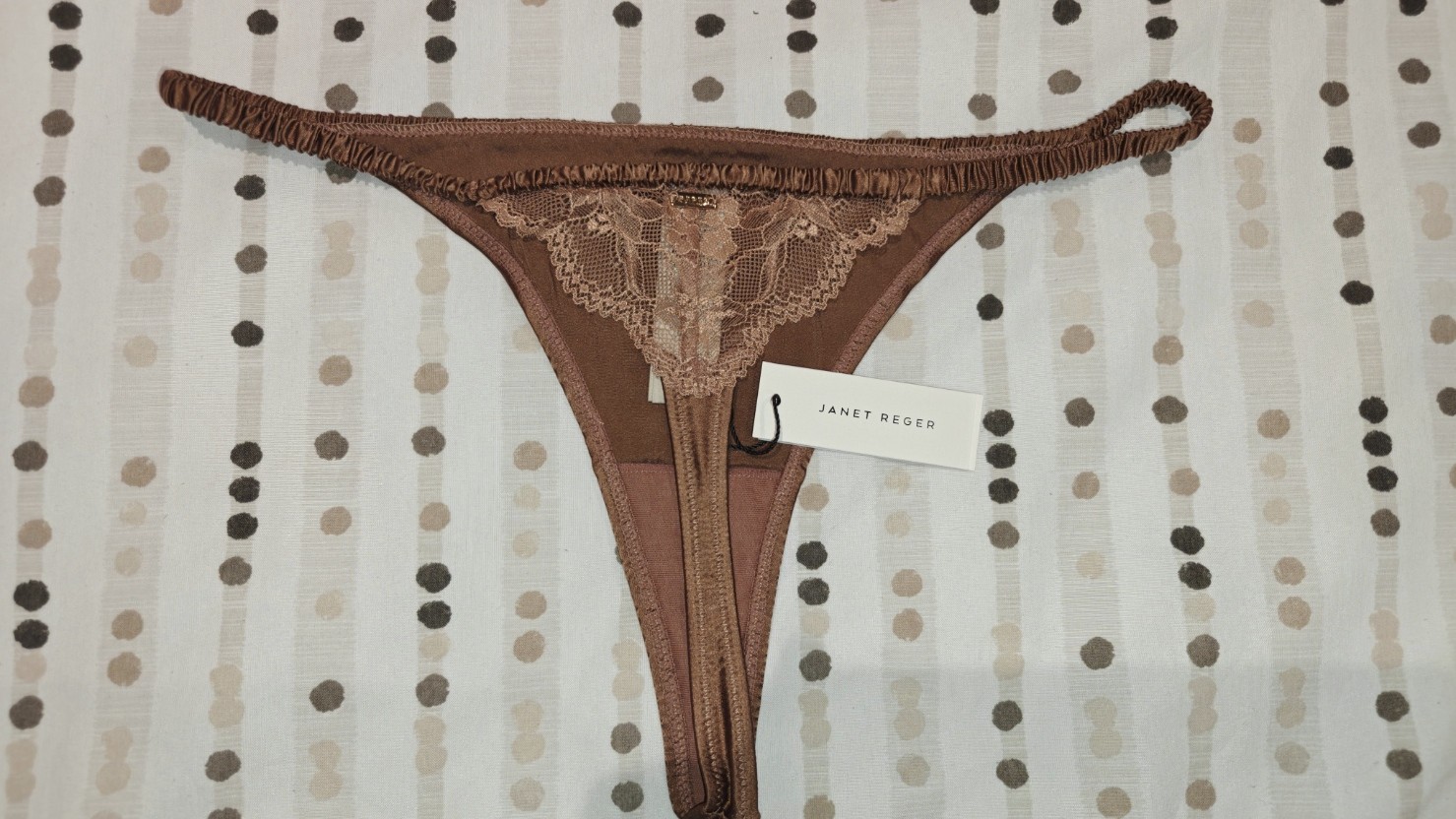 BNWT – JANET REGER Silk & Lace Brown Thong – UK 12 – RRP £20
