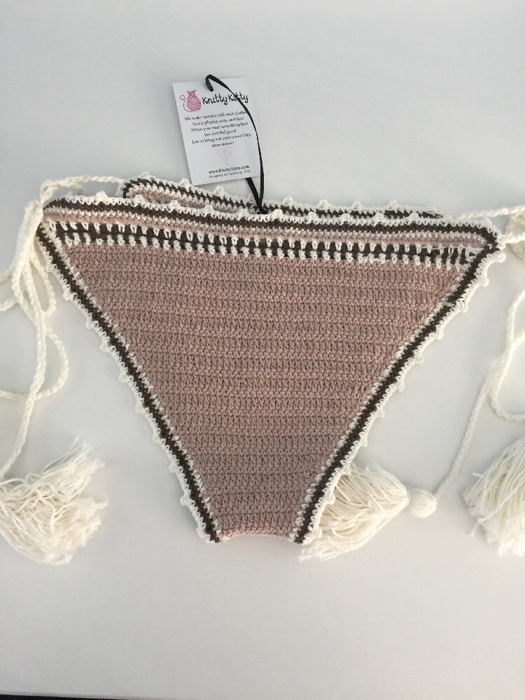 Knitty Kitty Knitimates Knit Crochet Tan Side Tassle Bikini Panty Medium NWT