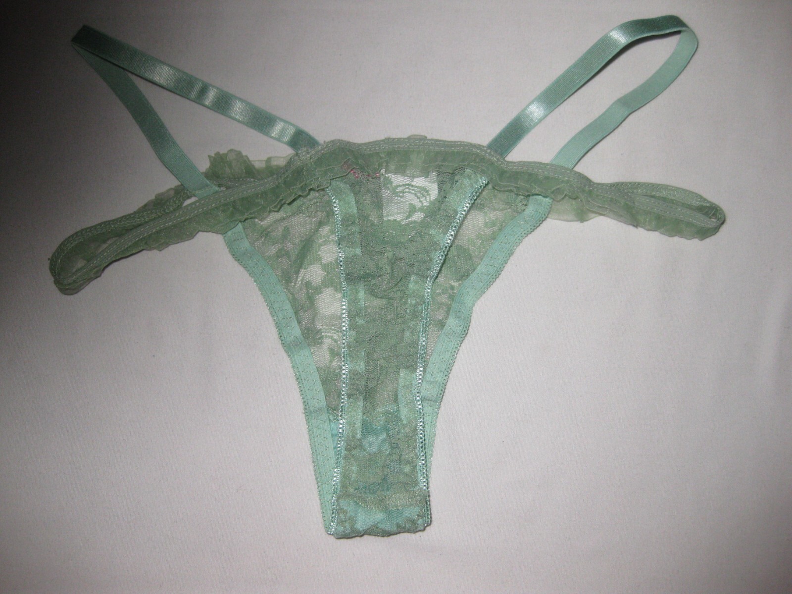 Shein sheer lace frill trim strappy thong panties S pastel mint w/pink bow nip