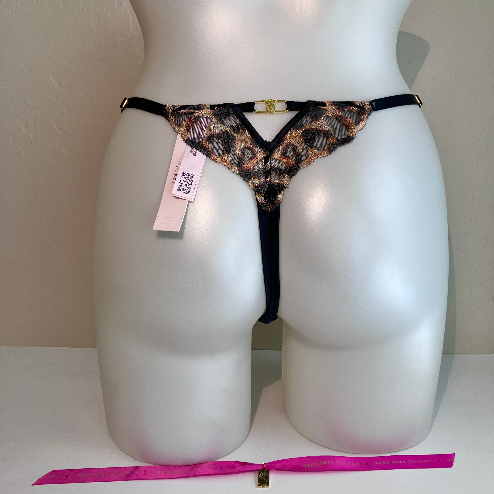 Victoria Secret SEXY THONG Cut Out Panty Panties Black Leopard Mesh Satin NWT M