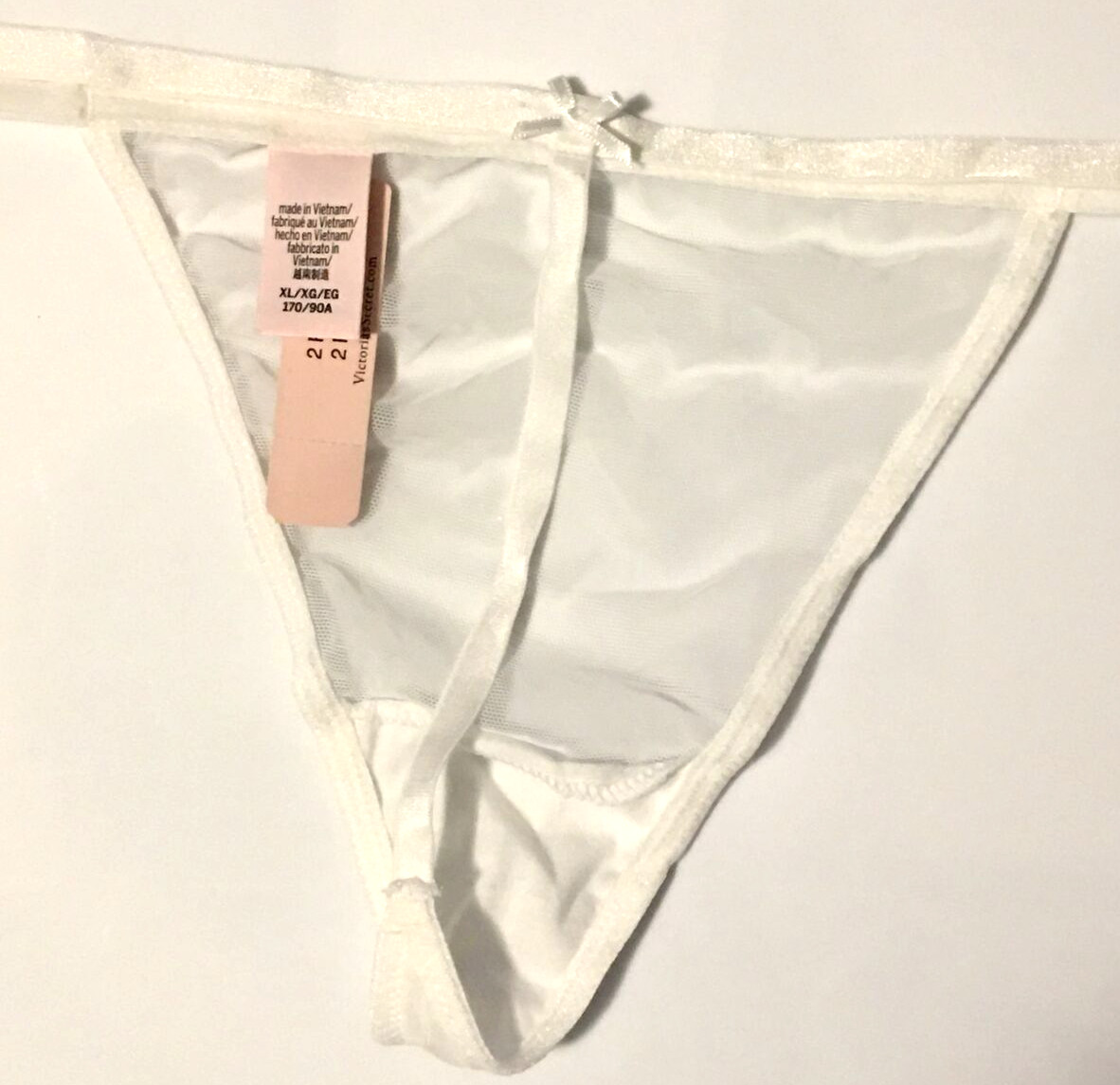 Victorias Secret White Mesh Front V-String Thong Panties Size XL Sheer Bow Back