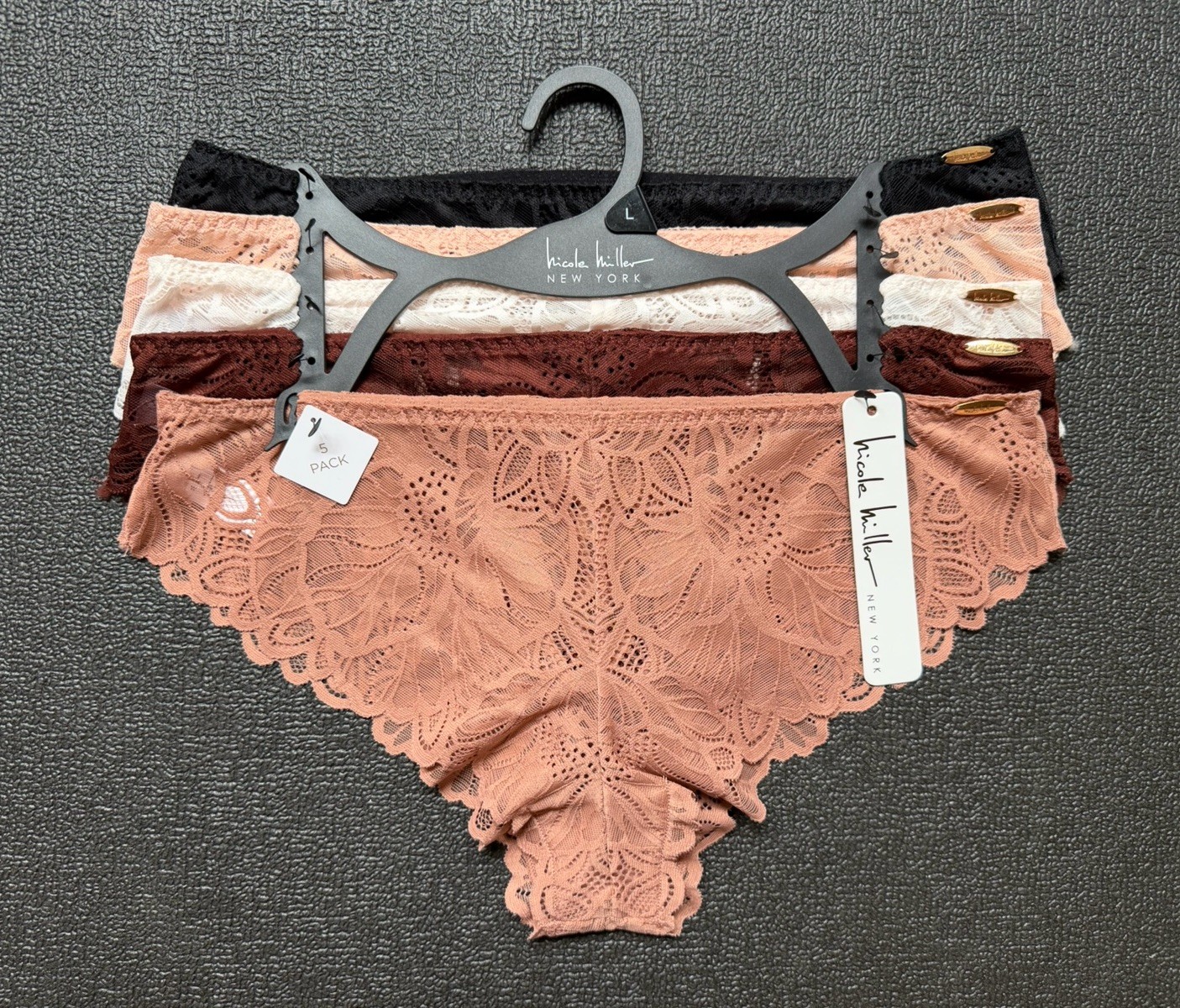 5 Pack Nicole Miller Lace Bikini sz L Stretch Logo Panties Bundle Set Lot