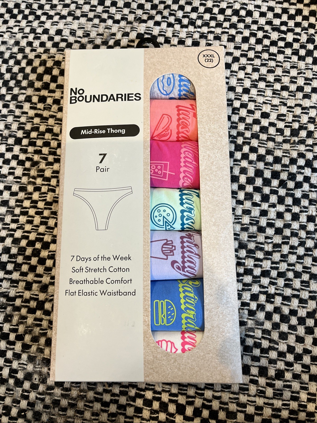 No Boundaries XXXL Mid-Rise Thong Panties 7 Pair 7 Days Of The Week Pack