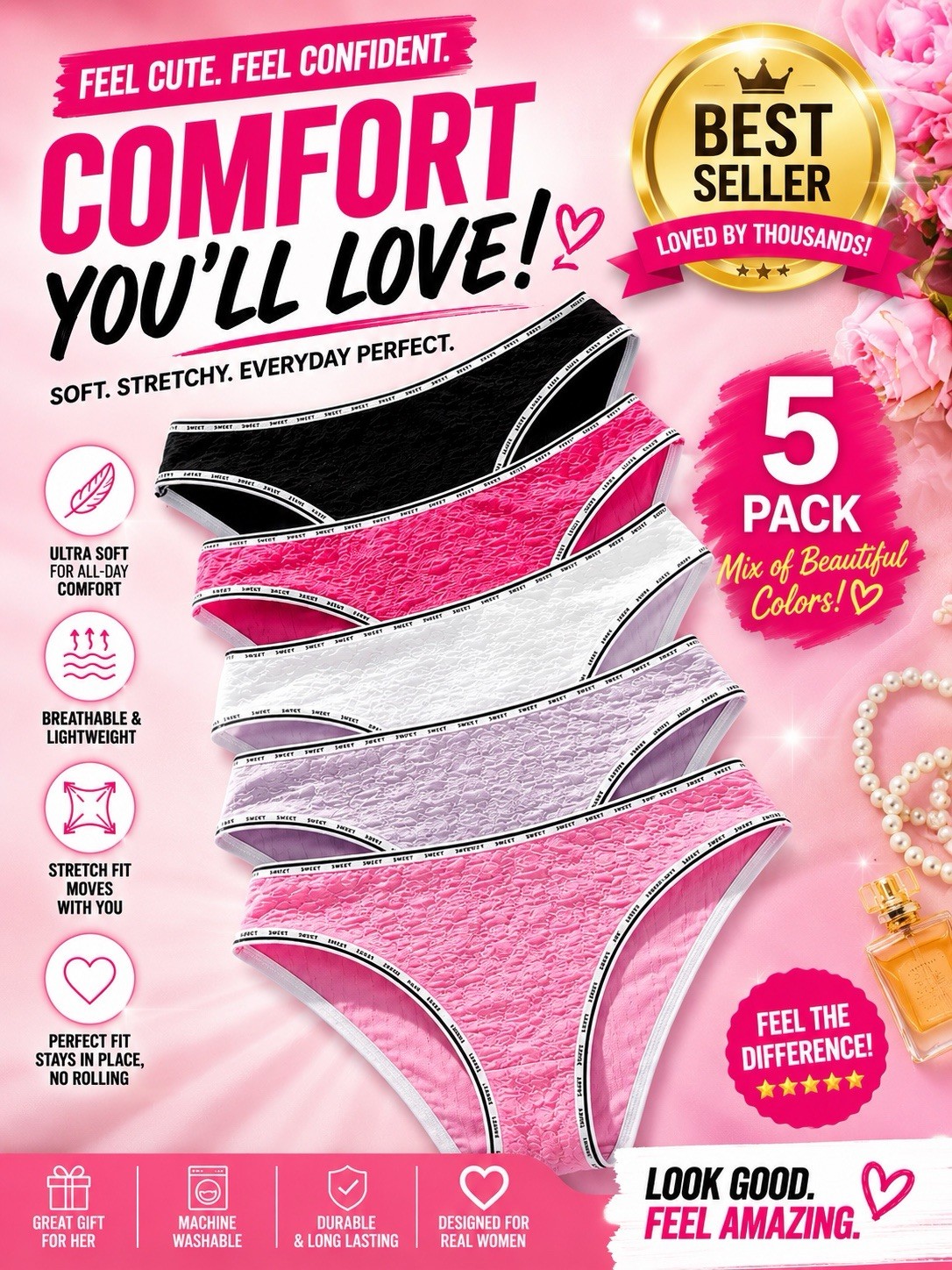 Women’s SWEET Brief Panties Lavender Pink White Black Fuchsia Stretch 5pk Medium