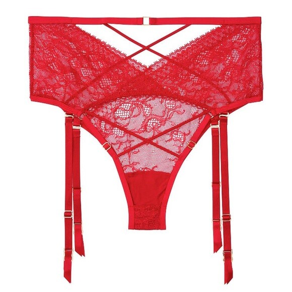 Victorias Secret Red Cheeky Panties With Garter Size L Luxe Lace High Waist NWT