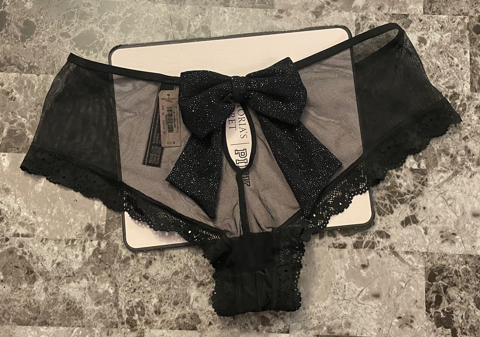 NWT VICTORIA’S SECRET L BLACK SMOOTH GLITTER BOW MESH LACE RARE CHEEKY PANTIES