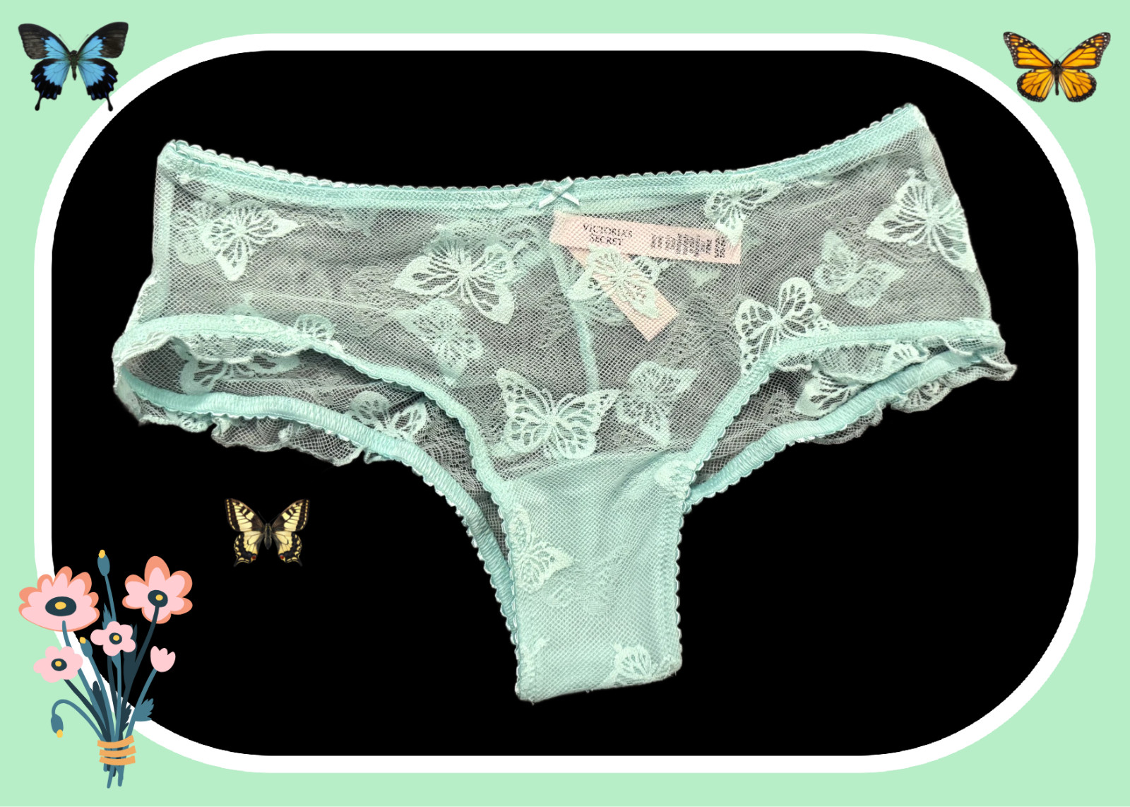 L Green Butterfly Futter Ruffle Edge Mesh VSexy Cheeky Victorias Secret Pantie