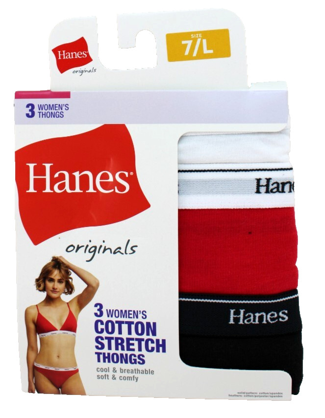 HANES Original Size 7 / L 3-pack Multi-Colors 95% Cotton Women’s Thong Panties