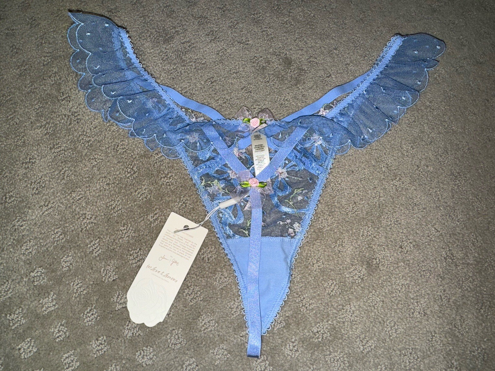 Victoria Secret For Love And & Lemons Thong Panty Ruffle Embroidered L blue New
