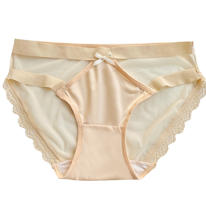Summer Thin Mesh Lace Edge Hollow Sexy Bow Breathable Girl’s Mid Waist Panties