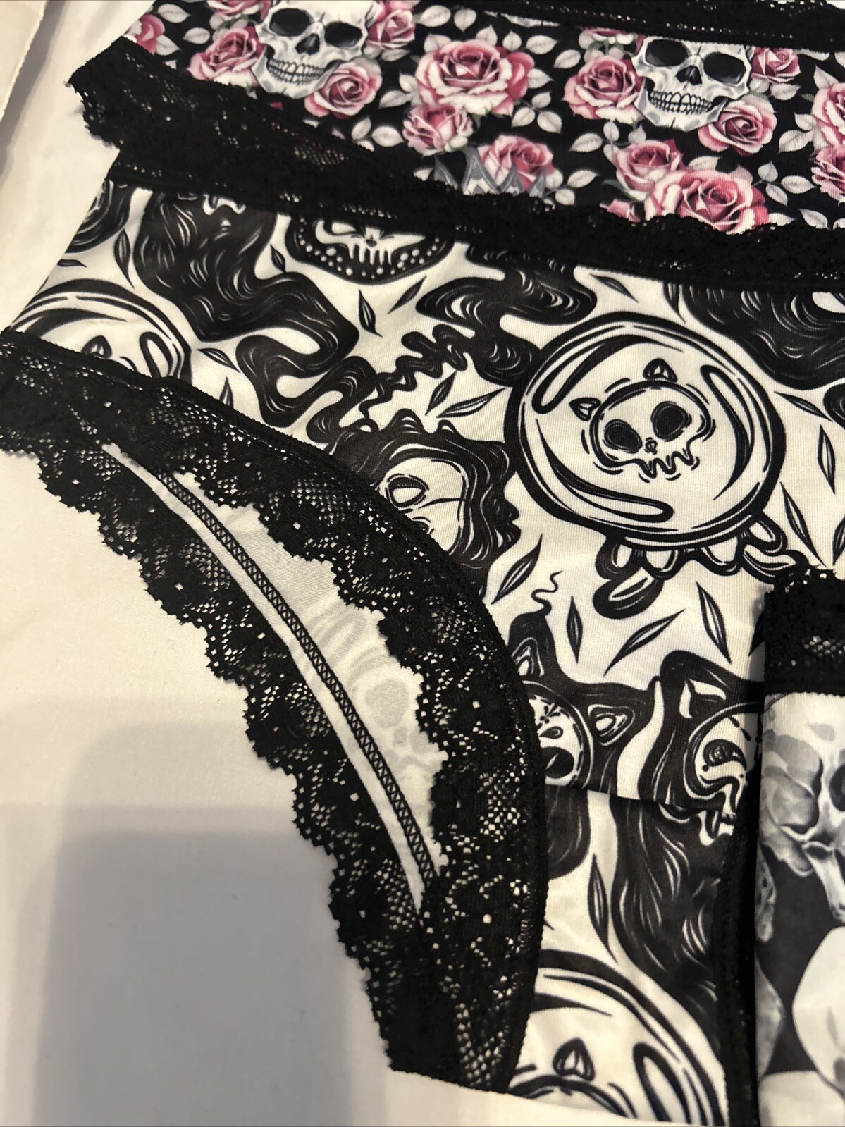 Morvia 3pk lace trim goth Emo Punk panties L floral Crown skull Lingerie Set
