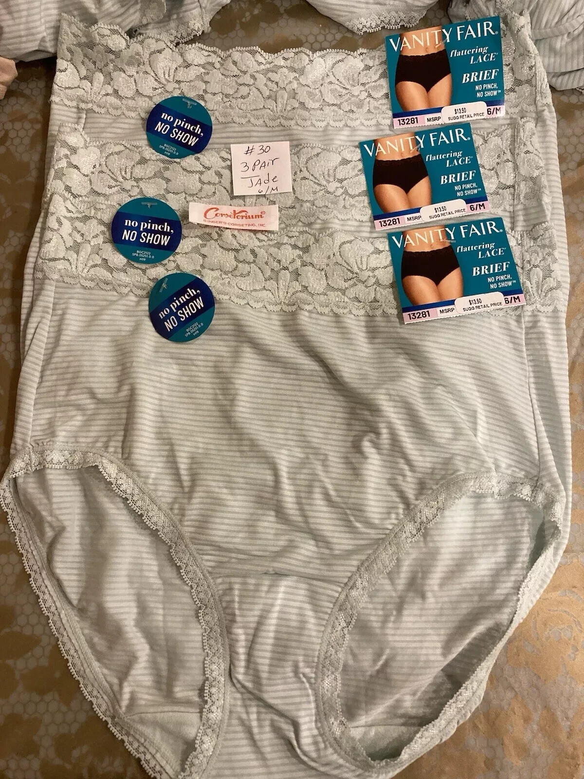Vanity Fair Stripe Flattering Lace Brief 13281 6 7 8 NWT Soft Jade pack 2 or 3