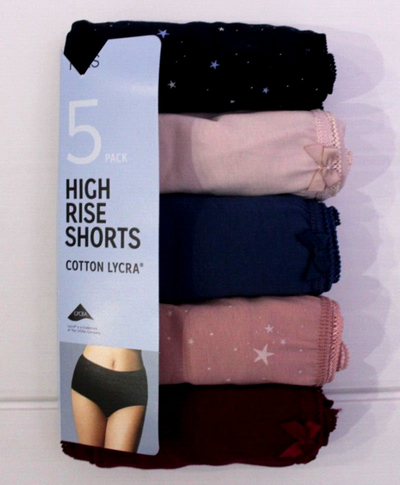 Ex M & S Ladies 5 Pack Cotton Lycra High Rise Shorts Briefs Midis Underwear