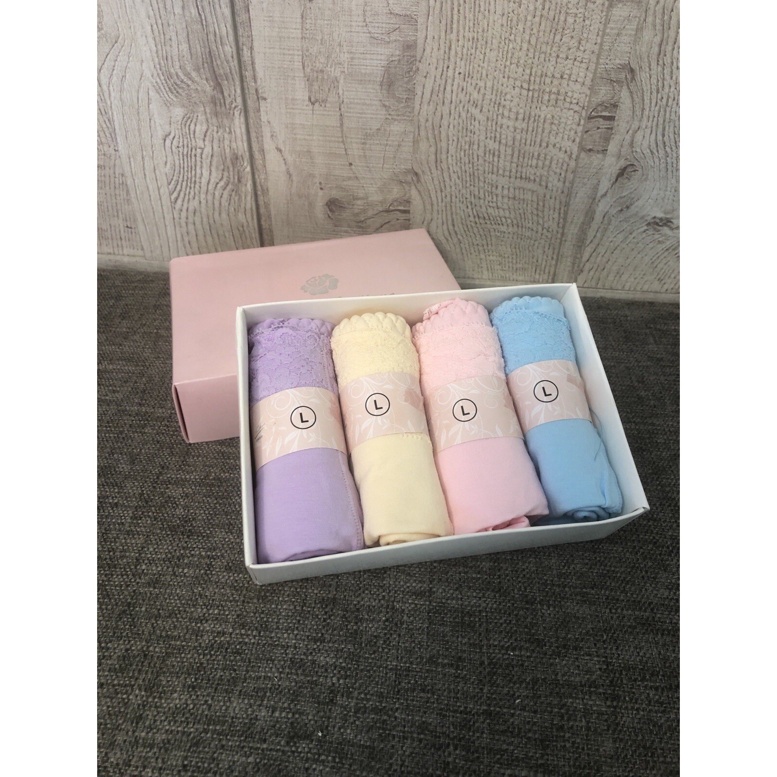 Fashion Boutique Womens High Waist Lace Trim Cotton Panties 4-Pack Pastel Set L