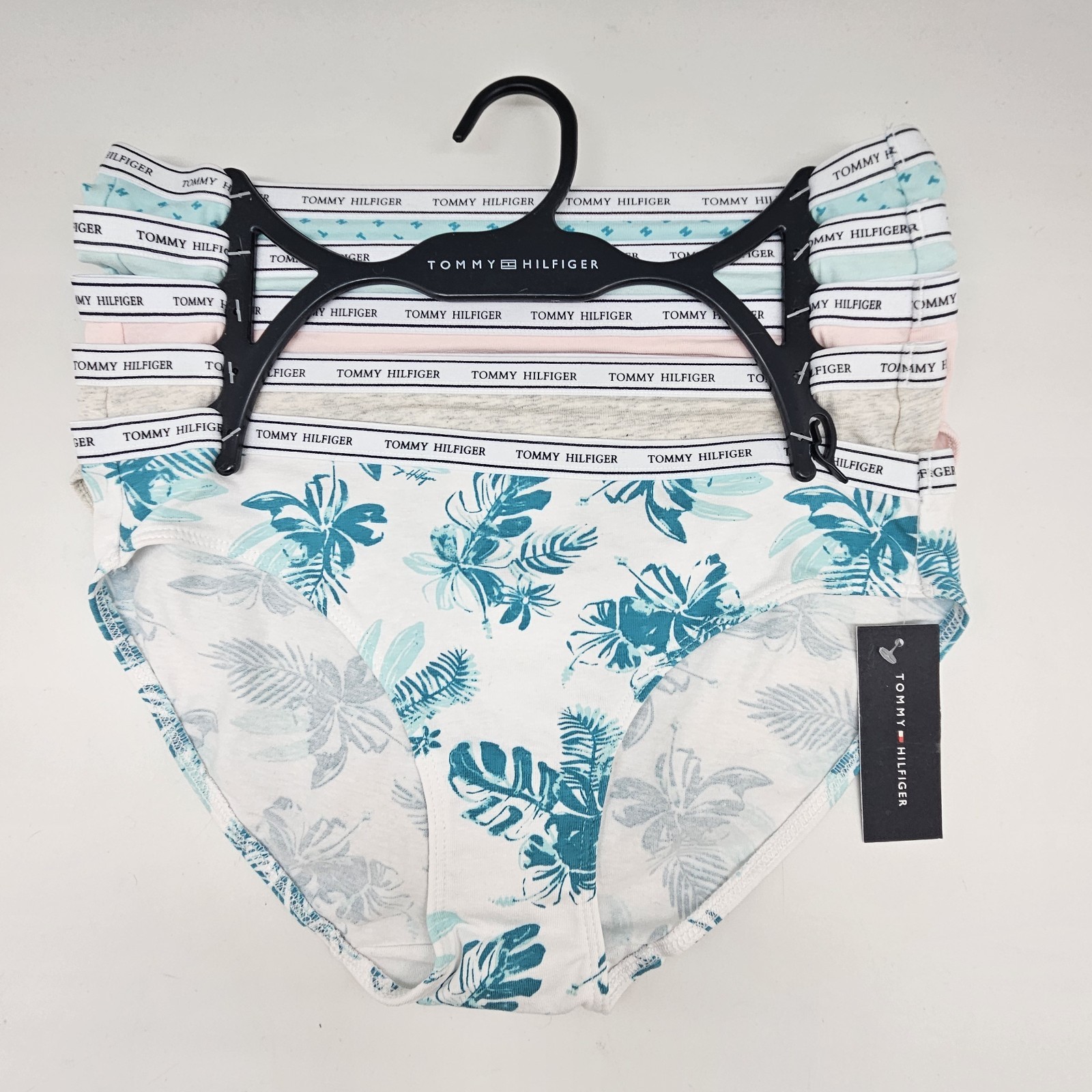 TOMMY HILFIGER 5 Pack Women’s S M L XL Logo Cotton Bikini Panties Teal Pink Gray