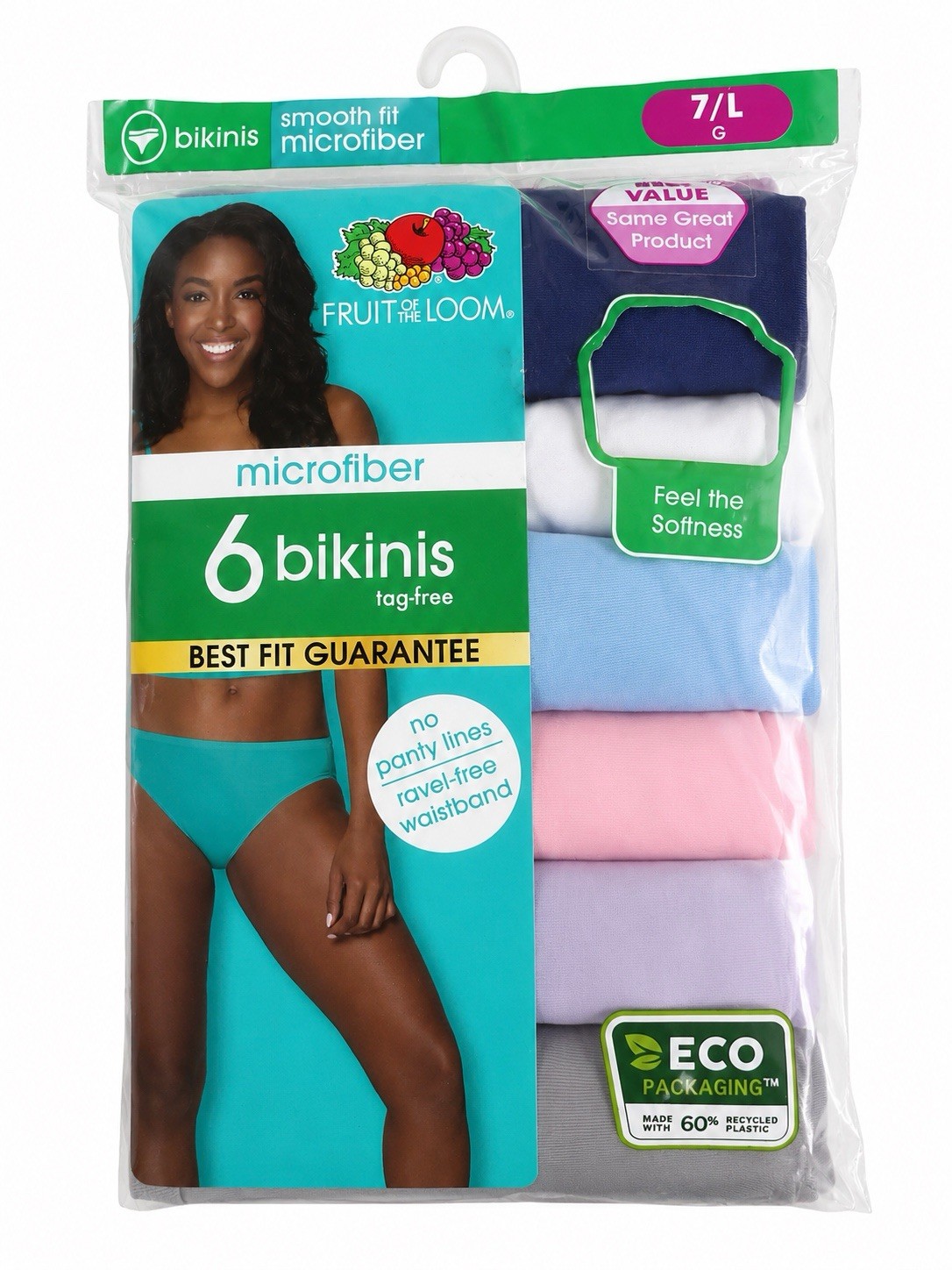 Fruit of the Loom Microfiber Bikini Panties 6 Pack Size 7 Large Tag-Free NEW