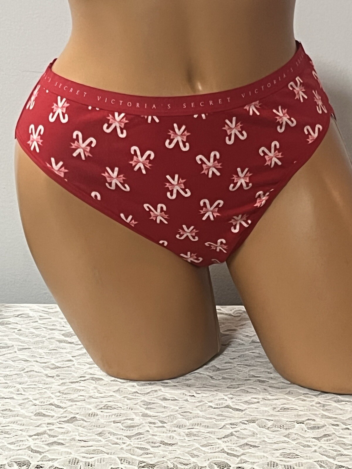 Victoria’s Secret Brief Red Candy Cane Panties Logo Waist Size Large