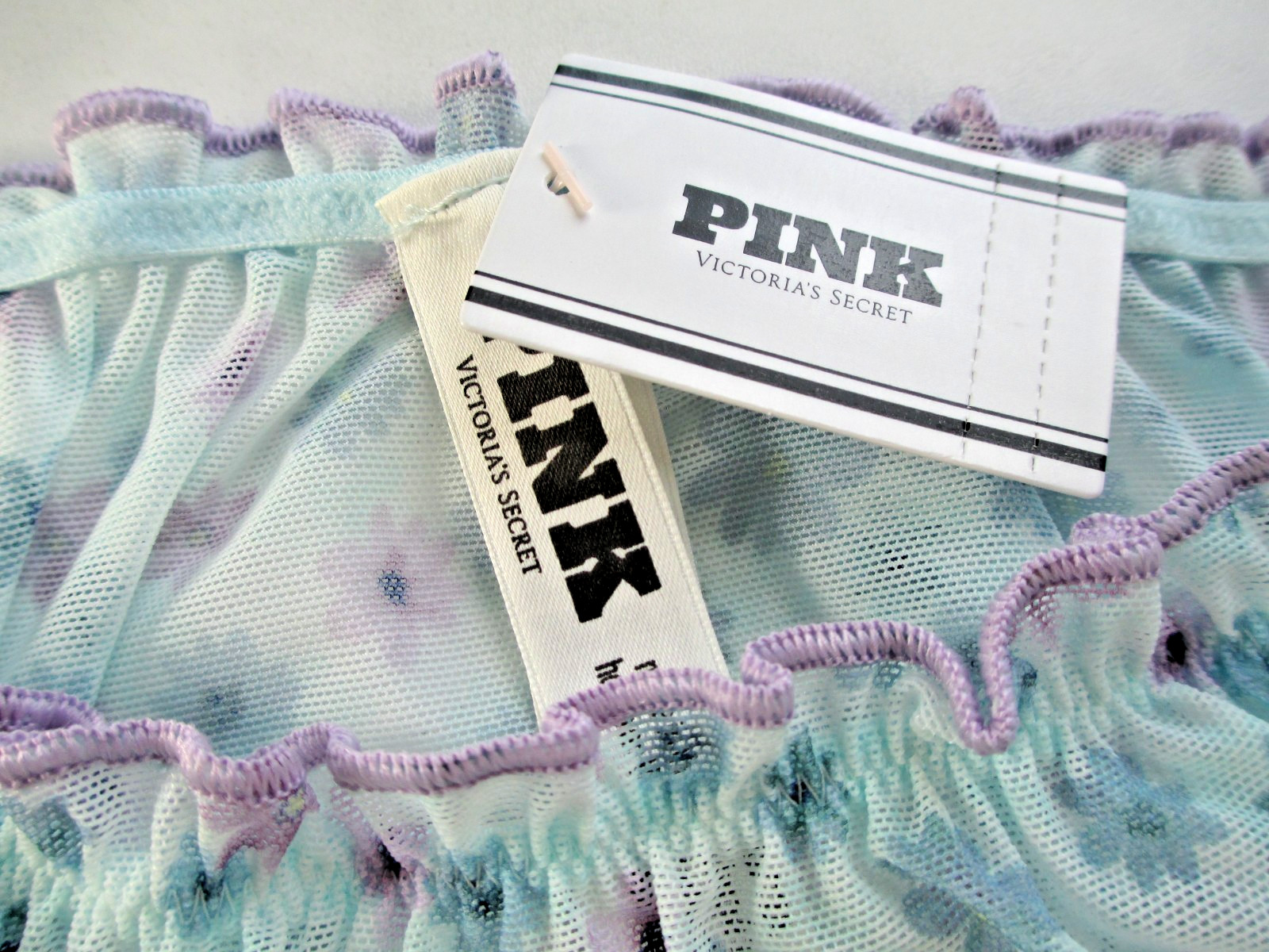 VICTORIA’S SECRET PINK Cheeky Panty S M L Blue Floral NWT Flutter Ruffle Mesh VS
