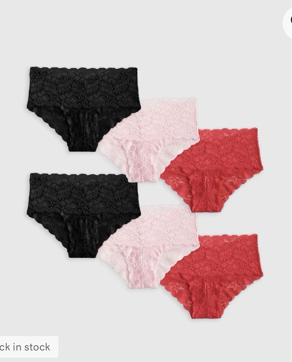 NWOT Quince Womens L Stretch Lace Cheeky Brief (6-pack) Black/Pale Pink/Ruby