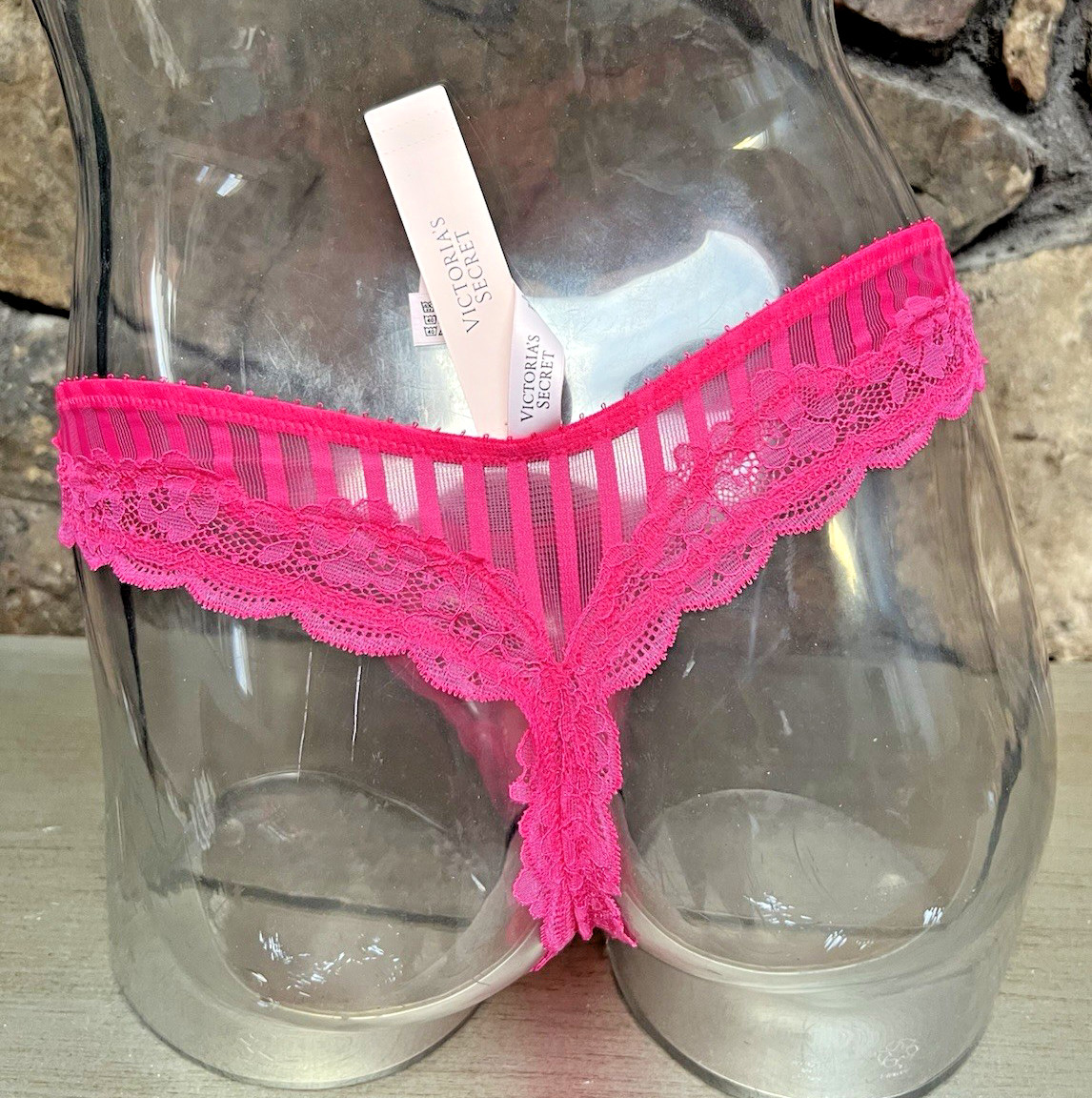 Victoria’s Secret Sheer Stripe Lace Trim THONG Panty Sz M ENCHANTED PINK NWT