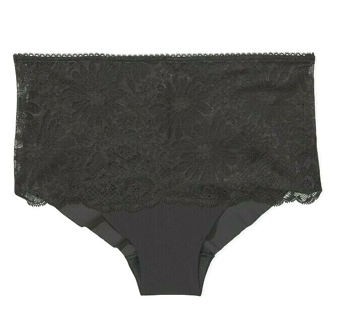 L Black Floral Lace Front NOSHOW Victorias Secret High Waist Midi Brief Panty