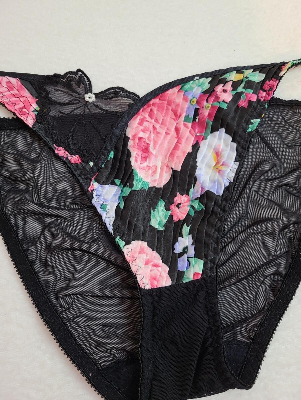 VTG Christian Dior Silky Pleated Satin & Sheer Mesh String Bikini Panty Size M