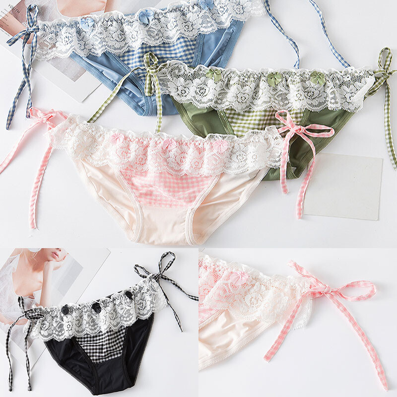 Ladies Check Panties Lace Up Thong Underwear French Knickers Briefs Lolita Cute