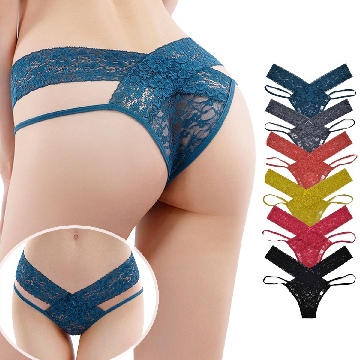 6 Pack M L XL Women Lace Thong Panties Sheer Floral G String Briefs Underwear
