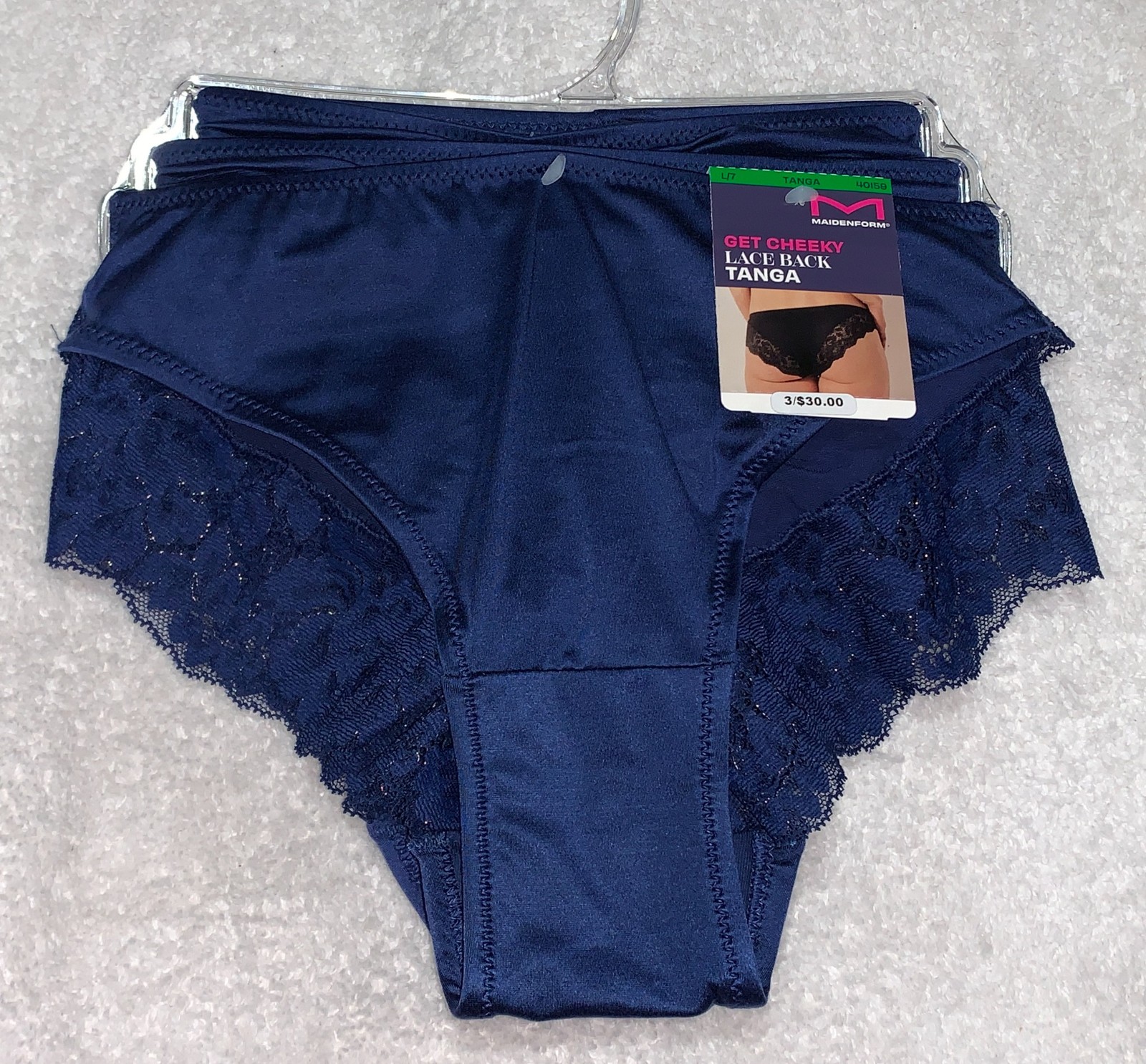 MAIDENFORM 3 pk Comfort Devotion N Blue Rose Gold Lace Back Tanga Panty Womens L
