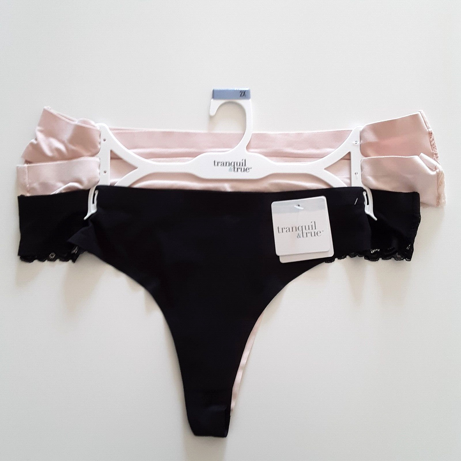 Tranquil & True Womens 2X Thongs Brushed Microfiber Lace Back Black Pink 3 Pack