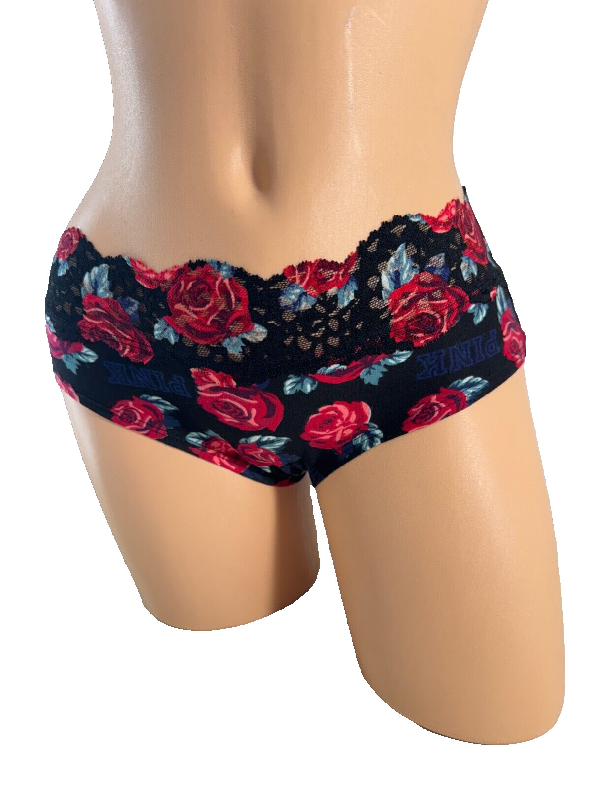 VICTORIA’S SECRET PINK PANTY BLACK WITH ROSES EXTRA LOW RISE HIPSTER UNDERWEAR M