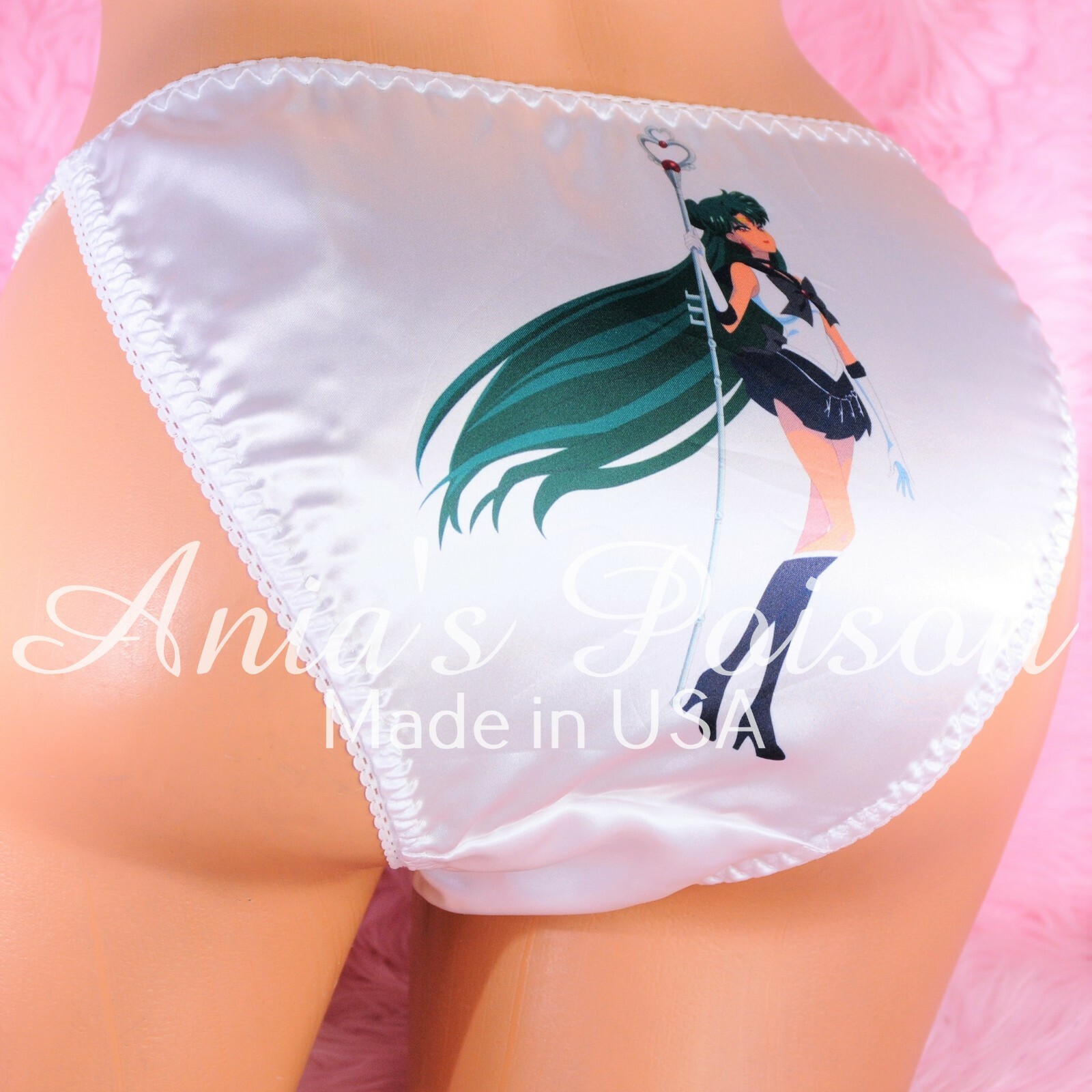 VTG Mens Womens SATIN Sailor Moon PLUTO GREEN Character string bikini Panties