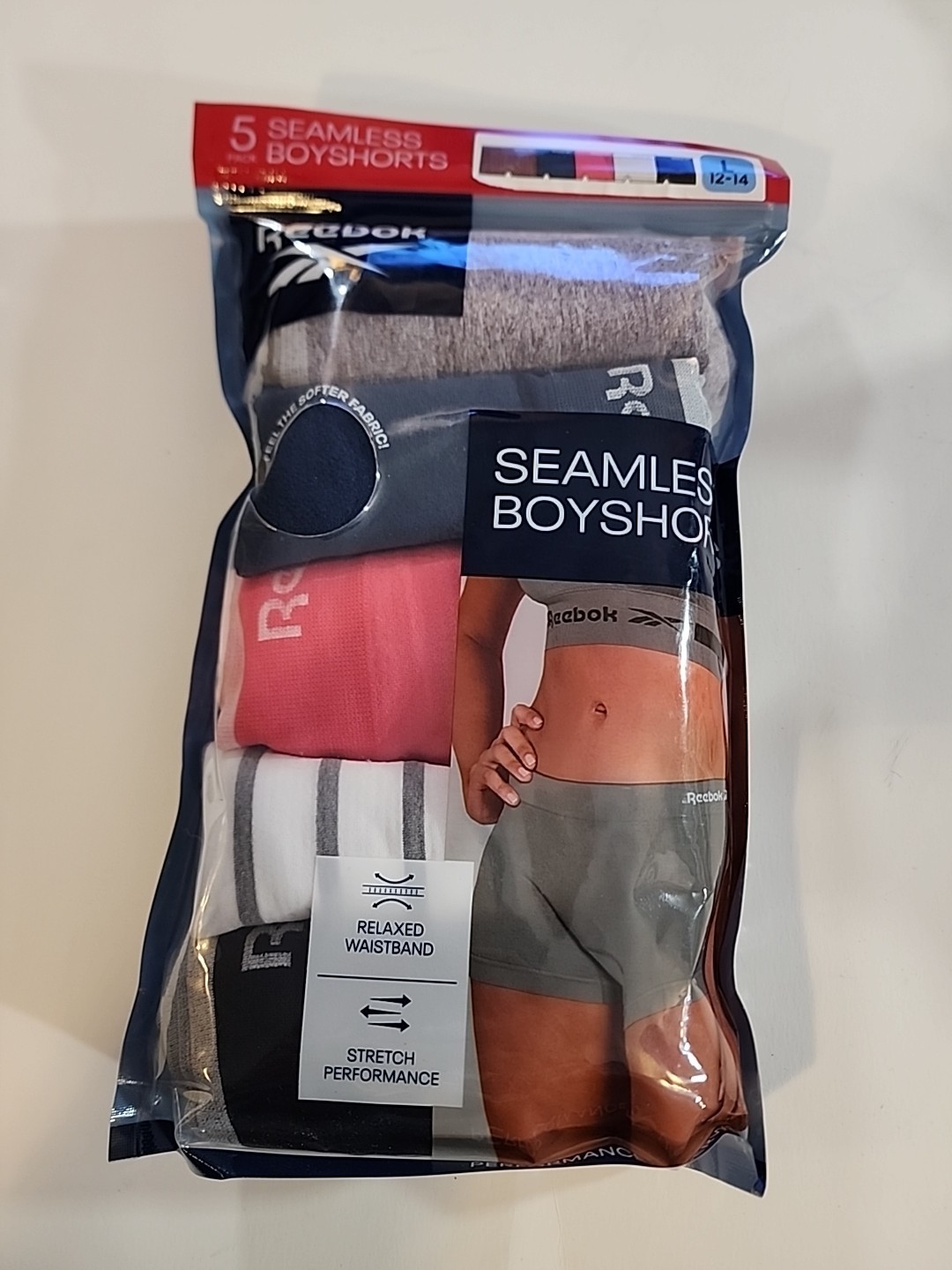 Reebok Ladies 5 Pack Relaxed Waistband Stretch Seamless Boyshorts Sz Large 12-14