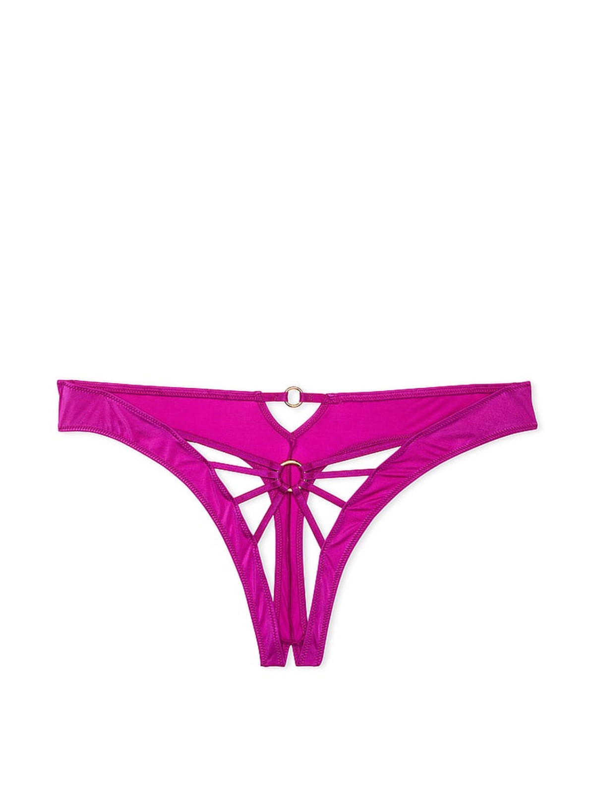 Victoria’s Secret Strappy Thong Panty Crotchless Gold Ring Smooth Fuchsia NWT