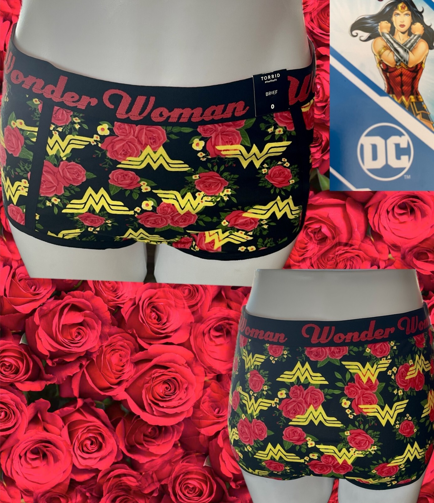 DC Comics +2 Wonder Woman Rose Print Logo Elastic Waistband Cotton Brief Panties