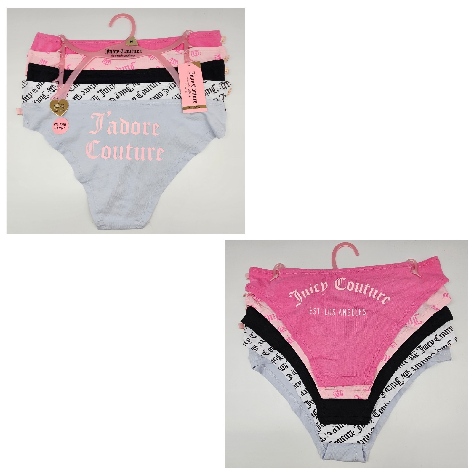 JUICY COUTURE 5 Pack Women’s S M XL Cotton Logo Panties Pink Black White Blue