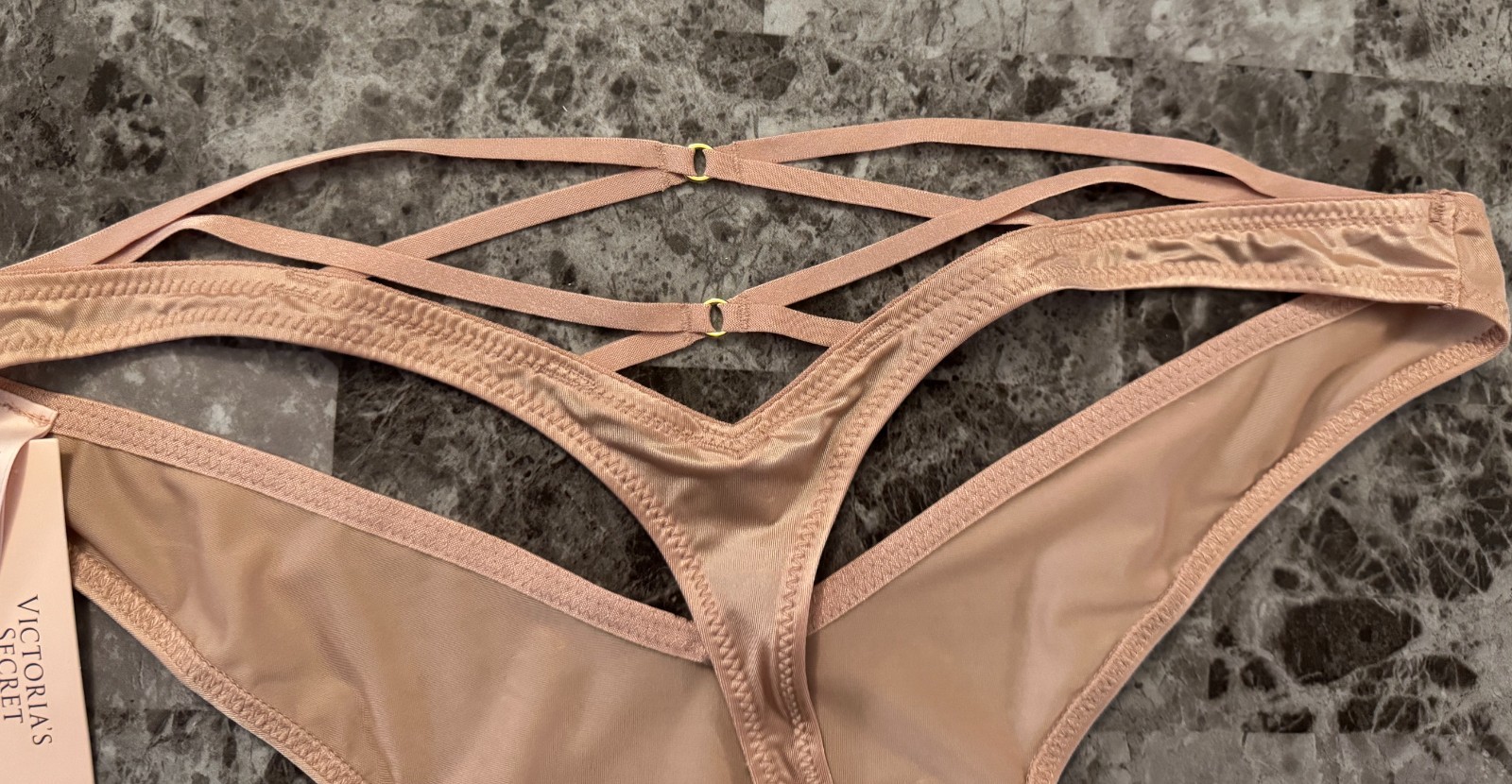 VICTORIA’S SECRET BEIGE NUDE SATIN SMOOTH STRAPPY BACK HIGH LEG THONG PANTIES