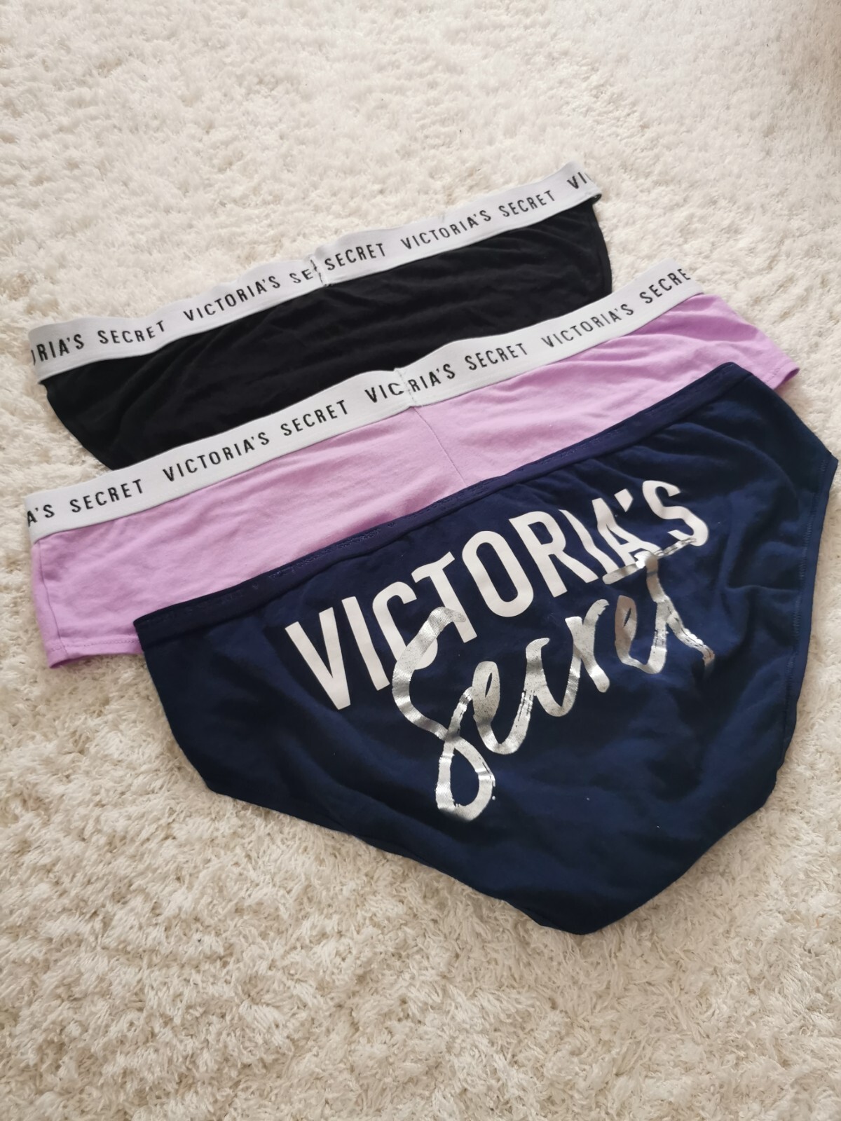 Victoria’s Secret Knickers X3 Black Navy Purple Branded Elasticated Band. UK L