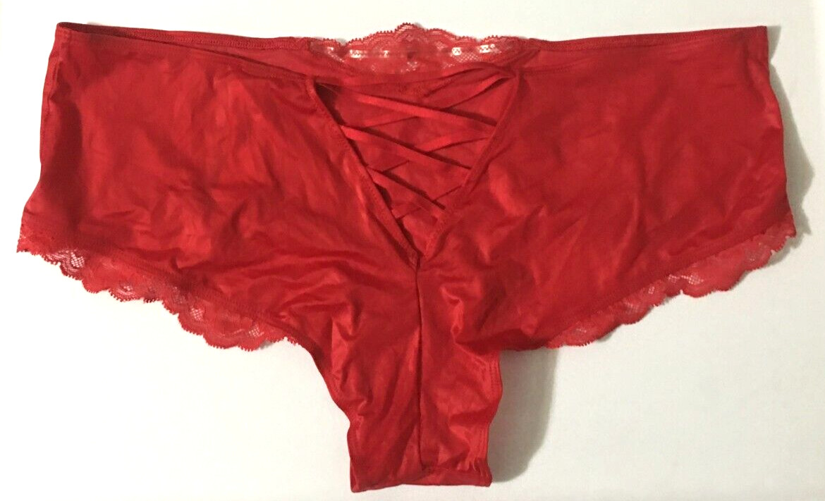 Victorias Secret Very Sexy Red Cheeky Panties Size L Lace Up Back Lace Inset NWT