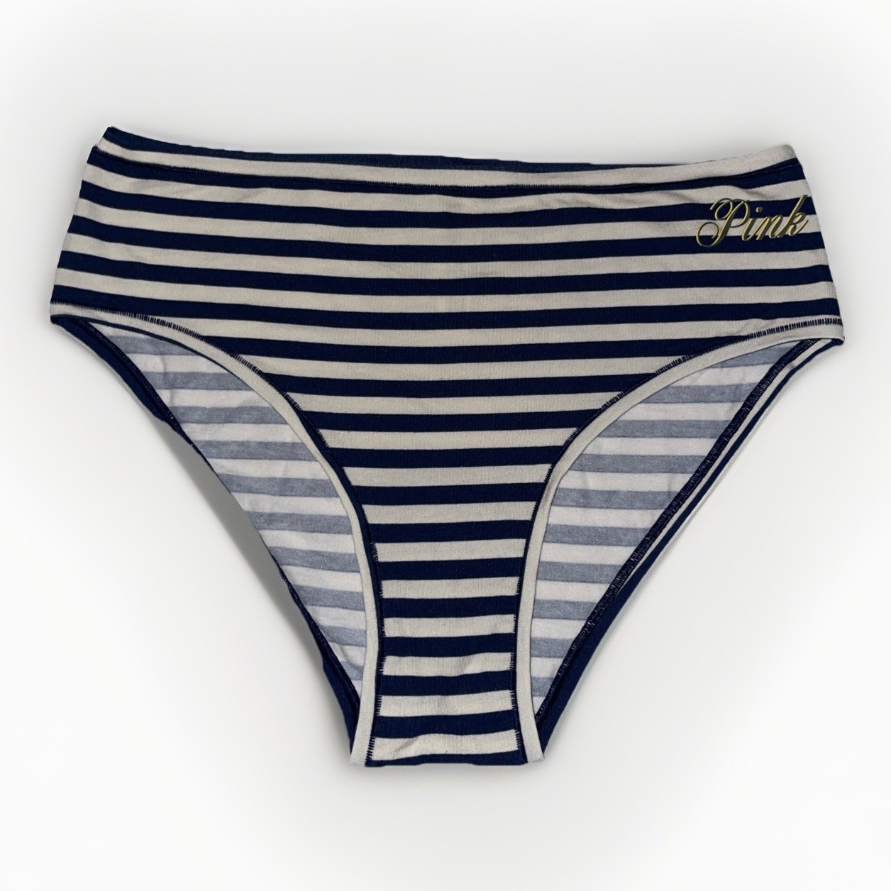 Victoria’s Secret Pink NWT Striped Bikini Panties Navy White Logo Women Size XL