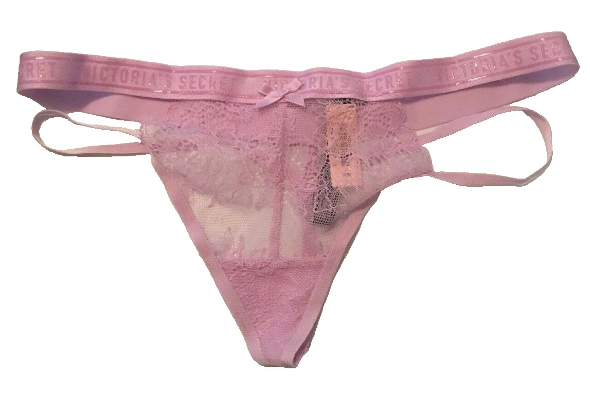Victorias Secret V-String Thong Panty XL Lilac Logo Sport Waist Lace Strappy