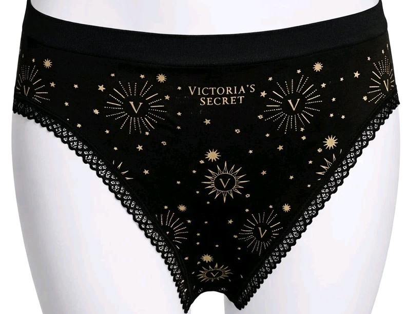 Victoria’s Secret High Leg Brief Panty Black Gold Star Print Lace Trim Women M