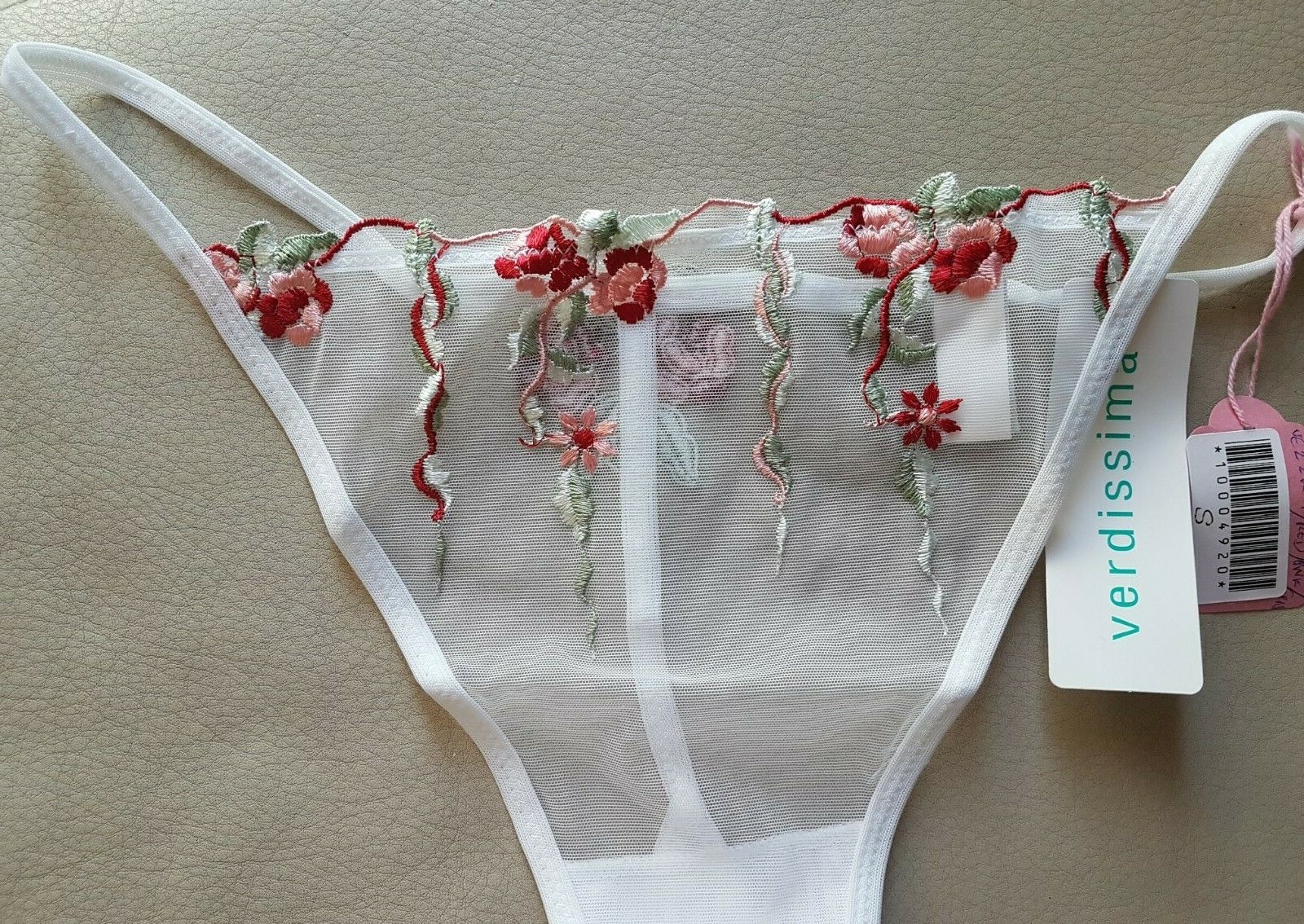 Verdissima Sheer White Mesh Embroidered Red/Green Flowers G-String